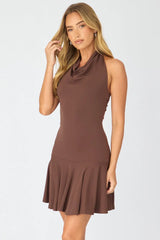 Brown Cowl Neck Mini Dress