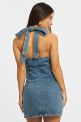 Blue Mini Dress Button Down Halter Neck