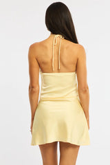 Yellow Mini Dress Halter Neck Satin
