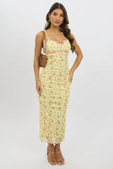 Yellow Ditsy Bodycon Dress Singlet Mesh Midi