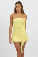 Yellow Strapless Dress Mini Frill Hem Mesh