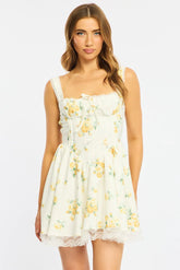 Yellow Floral Fit And Flare Dress Corset Detail Mini