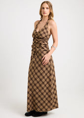 Kiera Ruched Check Halter Maxi Dress