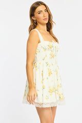 Yellow Floral Fit And Flare Dress Corset Detail Mini