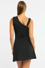 Black Mini Dress Asymmetrical Neckline Gold Metal