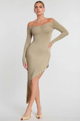 Long Sleeve Off-The-Shoulder Modal Cashmere Blend Maxi Dress in Taupe