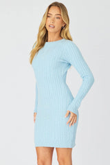 Blue Knit Dress Long Sleeve Cable Mini