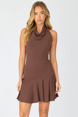 Brown Cowl Neck Mini Dress