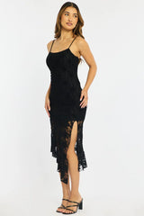 Black Midi Dress Asymmetric Hem Lace