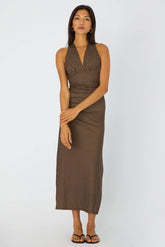 Brown Polka Dot Halter Neck Midi Dress