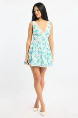 Blue Floral Mini Dress V-neck Lace Trim