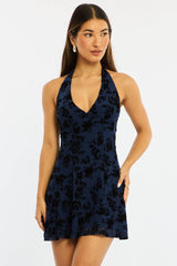Blue Floral Halter Neck Mini Dress