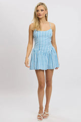 Blue Check Fit And Flare Dress Mini