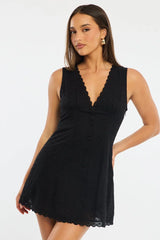 Black Mini Dress V-neck Eyelet Fabric