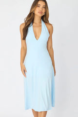 Blue Midi Dress Deep V-neck