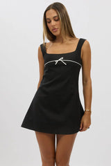 Black Mini Dress Square Neck Mini Ribbon Detail