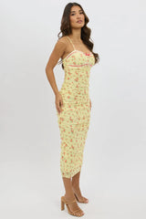 Yellow Ditsy Bodycon Dress Singlet Mesh Midi
