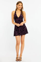 Purple Floral Halter Neck Mini Dress