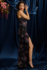 Bandeau Cowl-Neck Maxi Dress in Black Floral Print