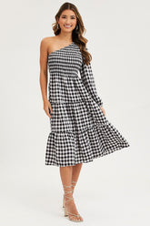 Check Dress One Shoulder Midi