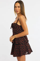 Black Ditsy Fit And Flare Dress Square Neck Mini