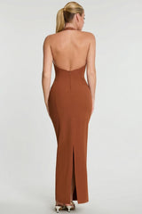 Woven Twill Halter Neck Plunge Maxi Dress in Chestnut Brown