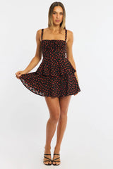 Black Ditsy Fit And Flare Dress Square Neck Mini
