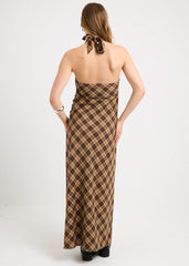Kiera Ruched Check Halter Maxi Dress