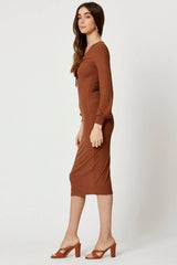 Brown Ribbed Drawstring Midi Dress
