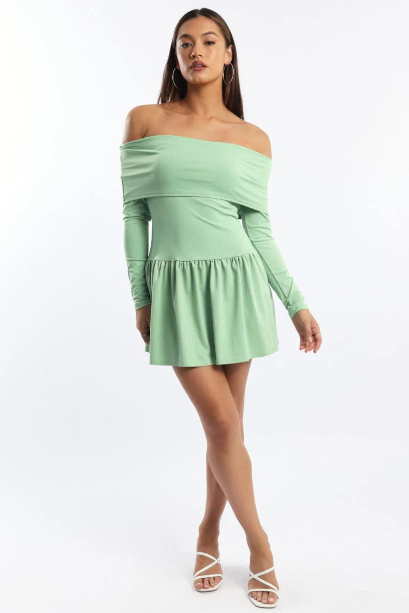 Green Off Shoulder Mini Dress