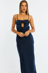 Blue Midi Dress Ribbon Detail Satin