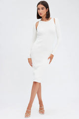 White Midi Dress Long Sleeve Keyhole Bodycon Rib Knit
