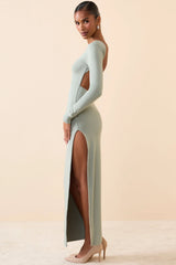 Long Sleeve Backless Maxi Dress in Smoke Green