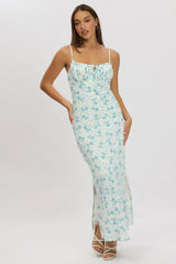 Blue Floral Midi Dress Gathering Bust Sleeveless
