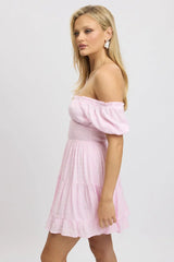 Pink Fit And Flare Dress Puff Sleeve Mini