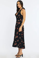 Black Floral Halter Neck Midi Dress