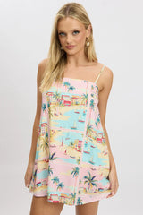 Multi Abstract Mini Dress Strappy Square Neck