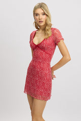 Red Ditsy Mesh Dress V Neck Mini