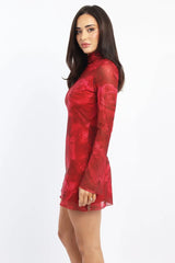 Red Floral Mini Dress High Neck Long Sleeve Mesh