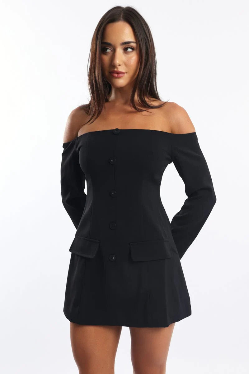 Black Off Shoulder Mini Dress Long Sleeve
