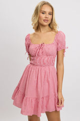 Red Check Fit And Flare Dress Puff Sleeve Mini