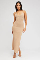 Beige Knit Dress Sleeveless V Neck Midi Mixed Crochet