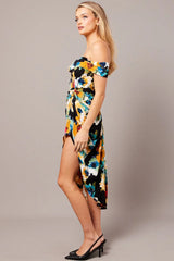 Black Floral Bardot Midi Dress Draped Off Shoulder Dress
