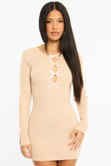 Beige Knit Dress Long Sleeve Mini