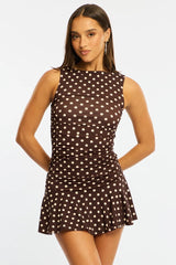 Brown Polka Dot Mini Dress Boat Neck