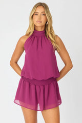 Red High Neck Dress Mini Chiffon