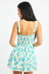 Blue Floral Mini Dress V-neck Lace Trim
