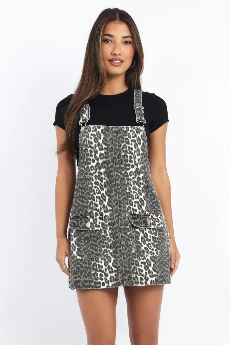 Brown Animal Print Overall Mini Dress