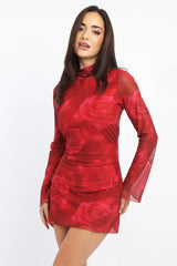 Red Floral Mini Dress High Neck Long Sleeve Mesh