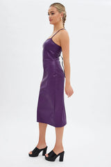 Purple Faux Leather Dress Sleeveless Scoop Neck Midi